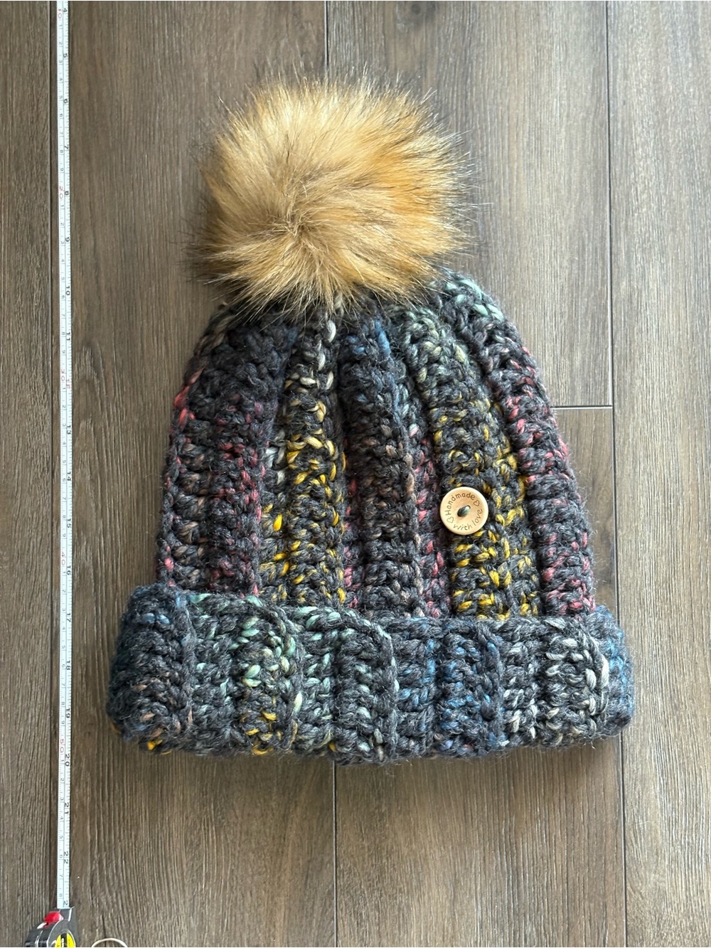 Multicolor Gray Knit Pom Beanie with Faux Fur Pom